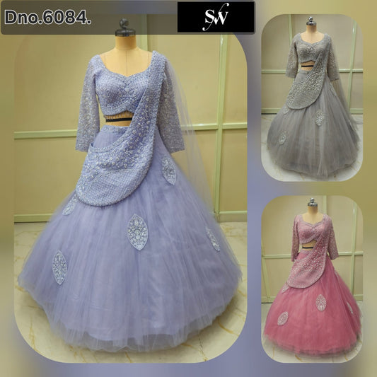 Lavender Silver Grey Pink Crop Top Lehenga