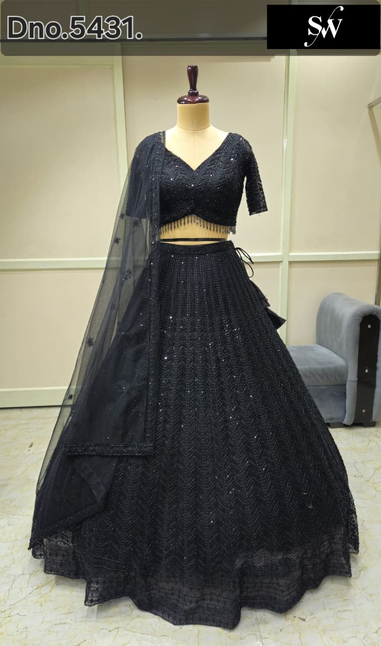 Black On Black Monotone Crop Top Lehenga