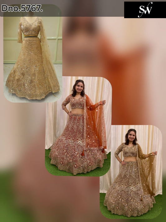 Chiku Golden Rust Orange Mustard Crop Top Lehenga