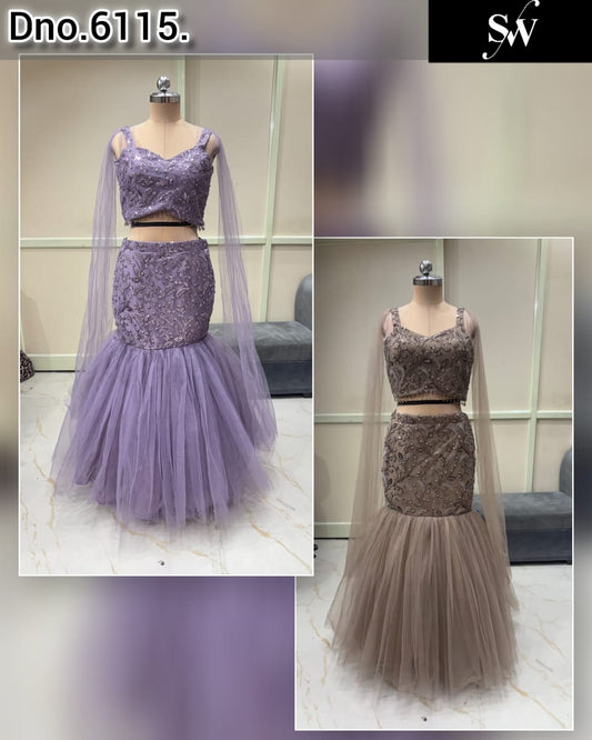 Purple Brown Fishcut Crop Top Lehenga