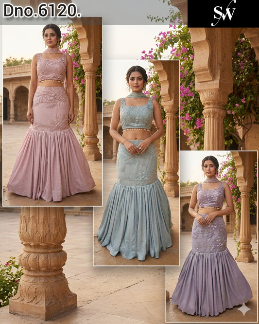 Pink Sky Blue Lavender Fish Cut Lehenga