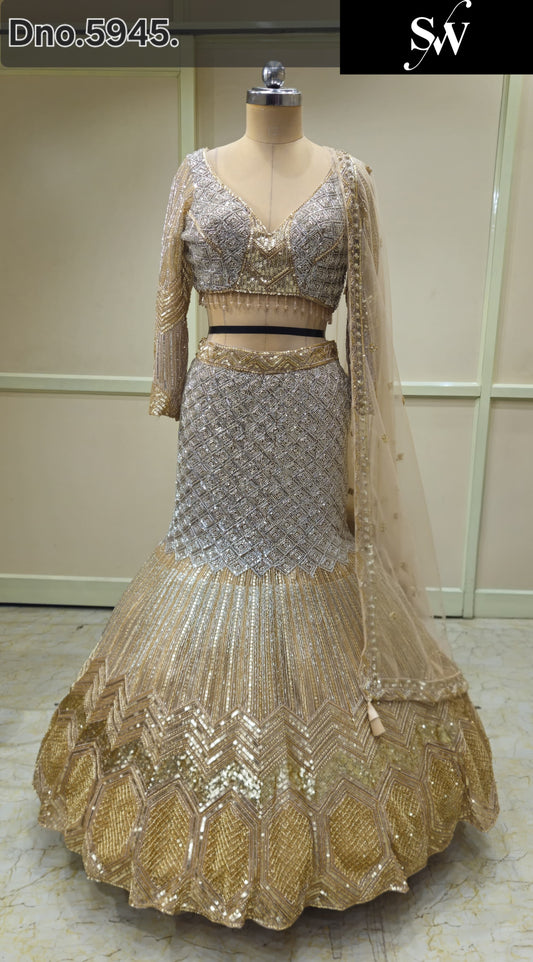 Silver Golden Fish Cut Lehenga