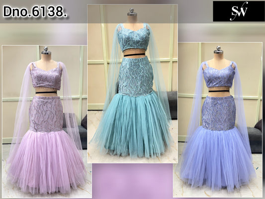 Pink Sky Blue Lavender Fish Cut Lehenga