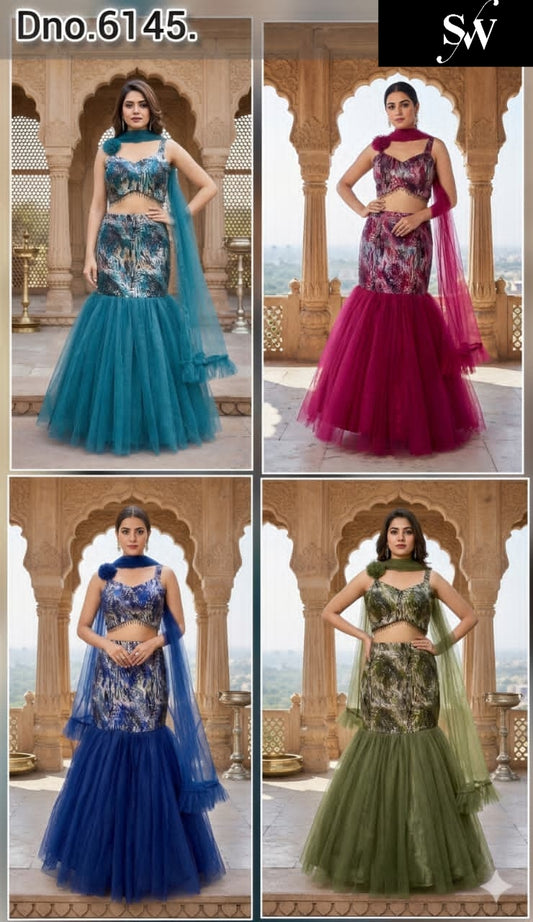 Blue Hot Pink Dark Blue Green Fish Cut Lehenga