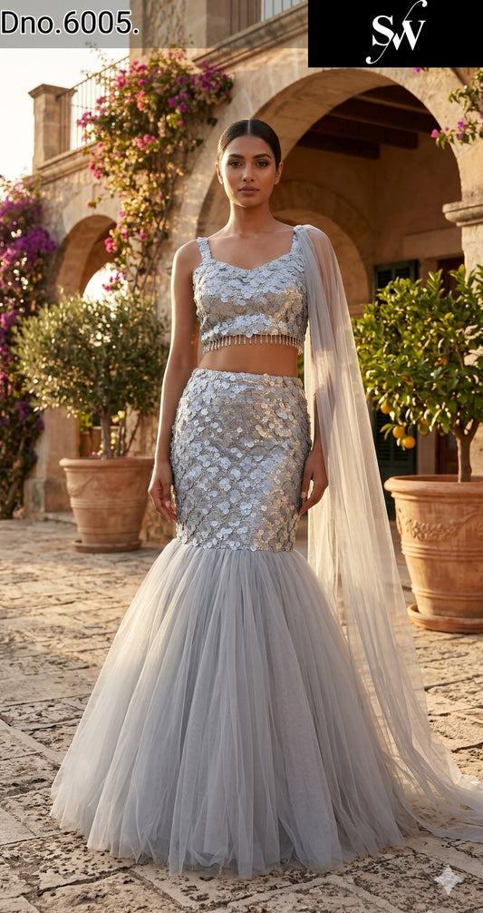 Silver Grey Fishcut Crop Top Lehenga