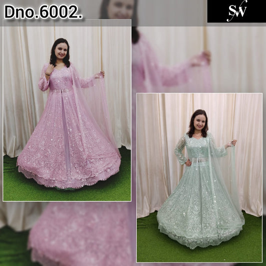 Pink Sea Green Long Farshi Garara Peplum Dress Lehenga