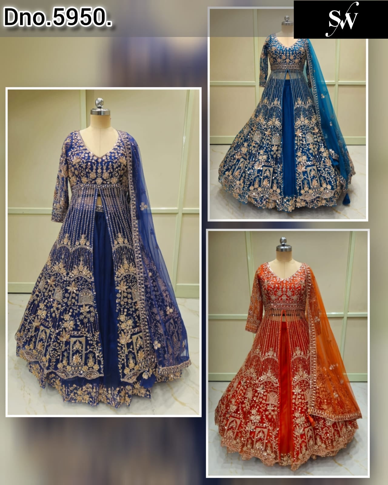 Purple Blue Rust Orange Farshi Garara Peplum Dress Lehenga