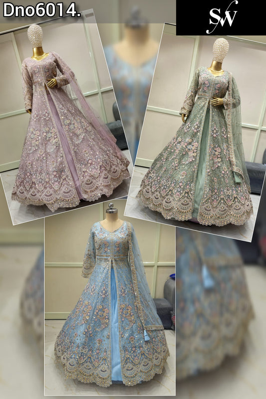 Pink Green Sky Blue Peacock Peplum Dress Lehenga