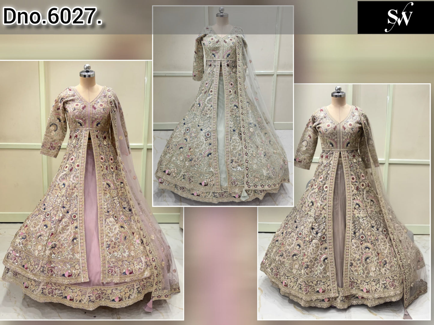 Baby Pink Sea Green Beige Golden Farshi Garara Long Peplum Dress Lehenga