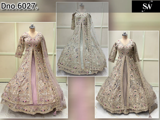 Baby Pink Sea Green Beige Golden Farshi Garara Long Peplum Dress Lehenga