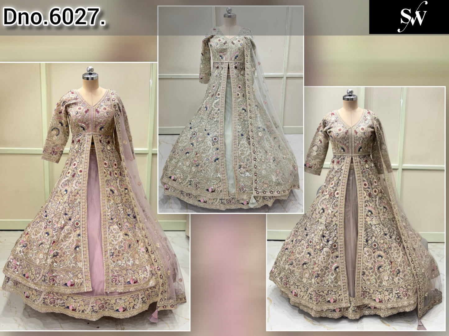 Baby Pink Green Brown Farshi Garara Peplum Dress Lehenga