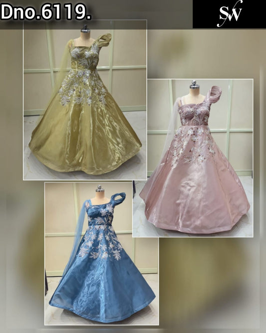 Pink Sky Blue Olive Green Gown