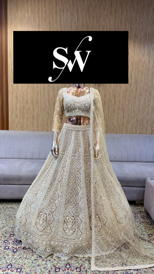 Beige Golden Crop Top Lehenga