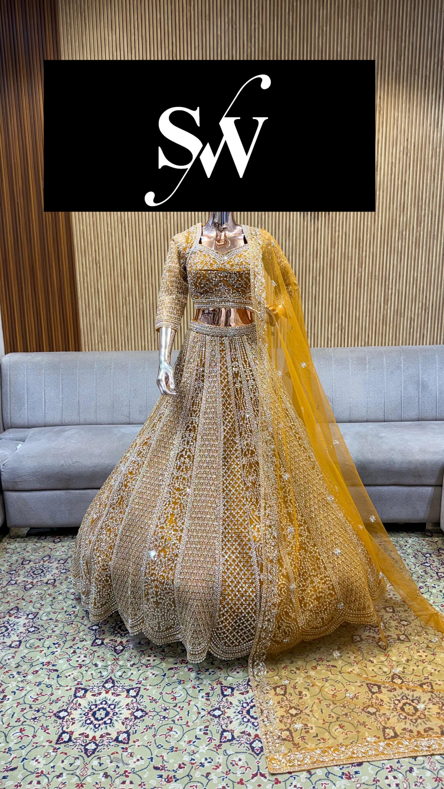 Mustard Mirror Work Crop Top Lehenga