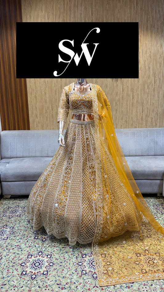 Mustard Mirror Work Crop Top Lehenga