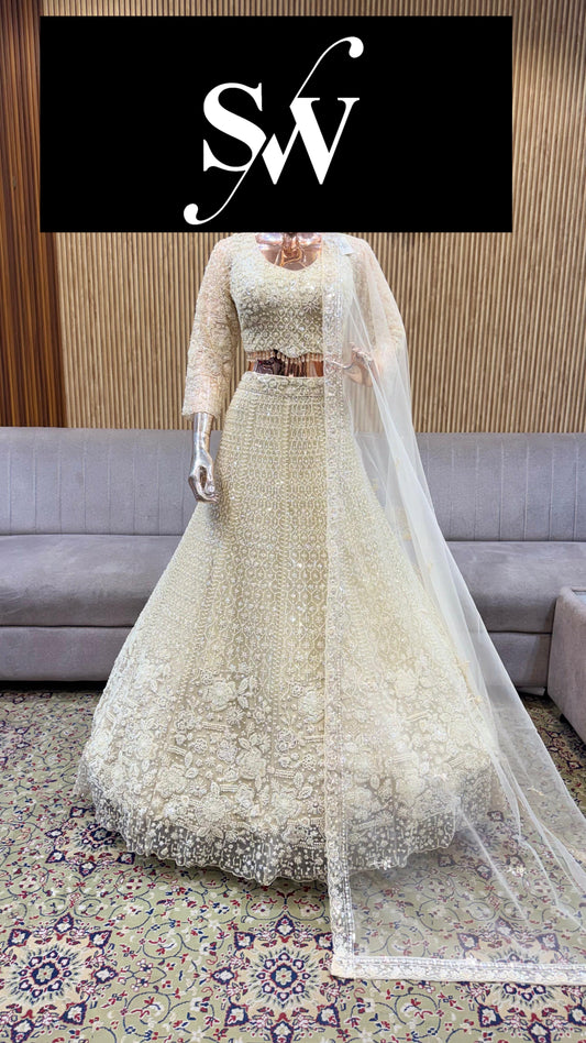 Beige Golden Crop Top Lehenga