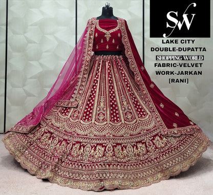 Dark Maroon Velvet Double Dupatta Bridal Lehenga