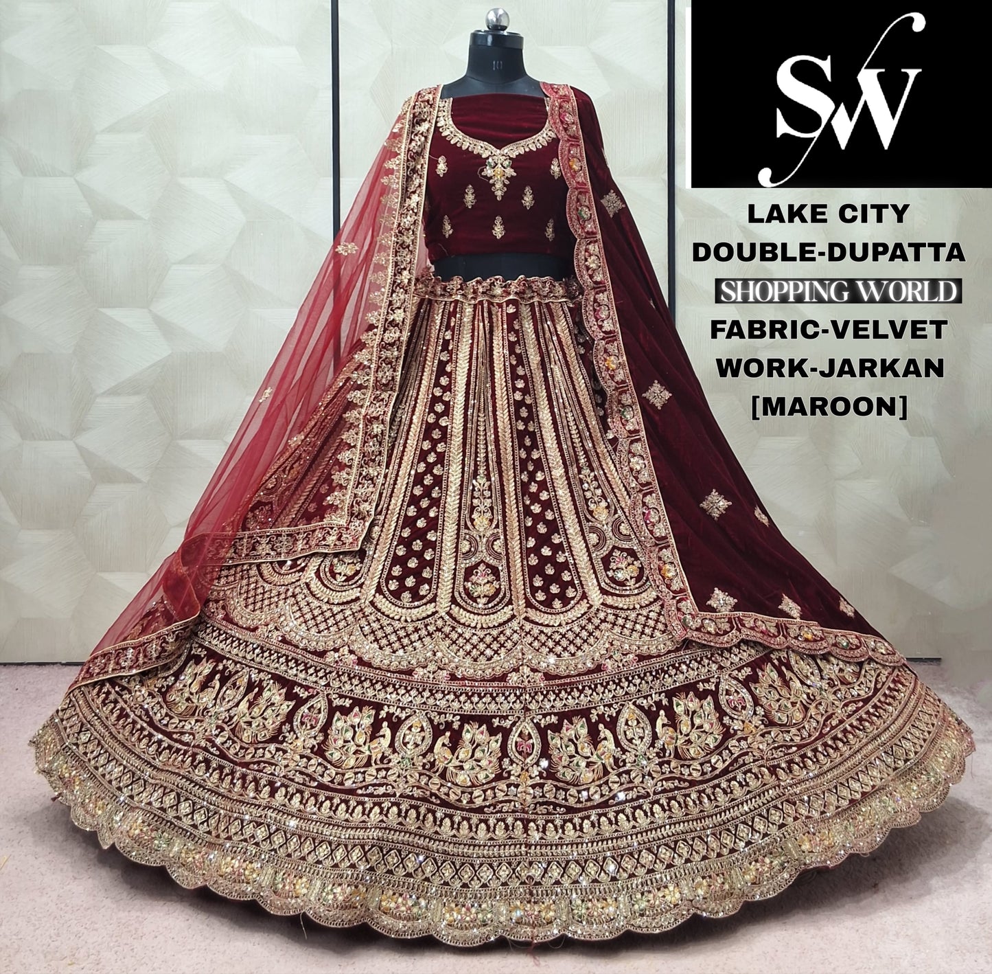 Dark Maroon Velvet Double Dupatta Bridal Lehenga