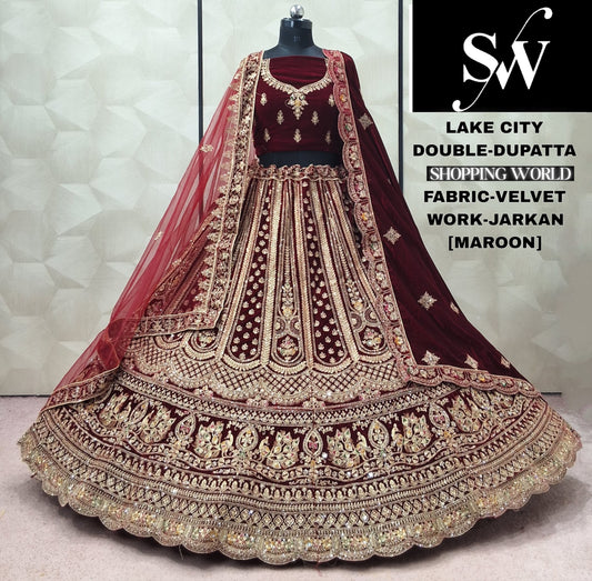 Maroon Velvet Double Dupatta Bridal Lehenga