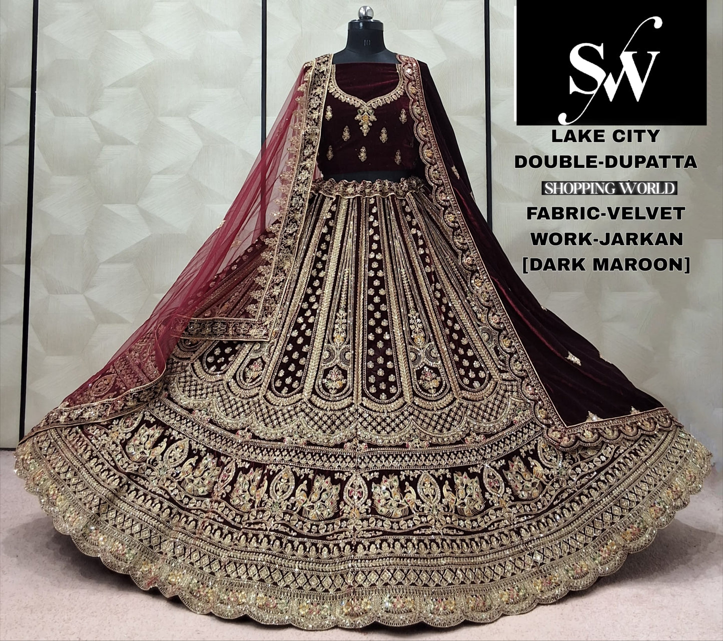 Dark Maroon Velvet Double Dupatta Bridal Lehenga