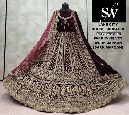 Dark Maroon Velvet Double Dupatta Bridal Lehenga