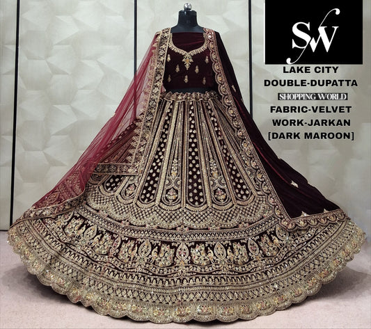Rani Pink Velvet Double Dupatta Bridal Lehenga