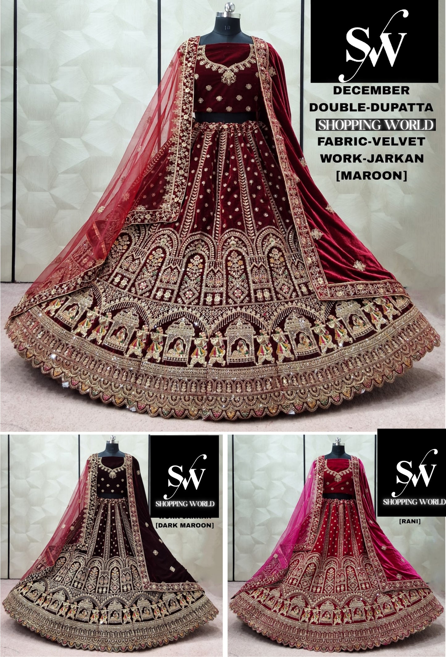 Maroon Dark Maroon Rani pink  Velvet Double Dupatta Doli Barat Bridal Lehenga