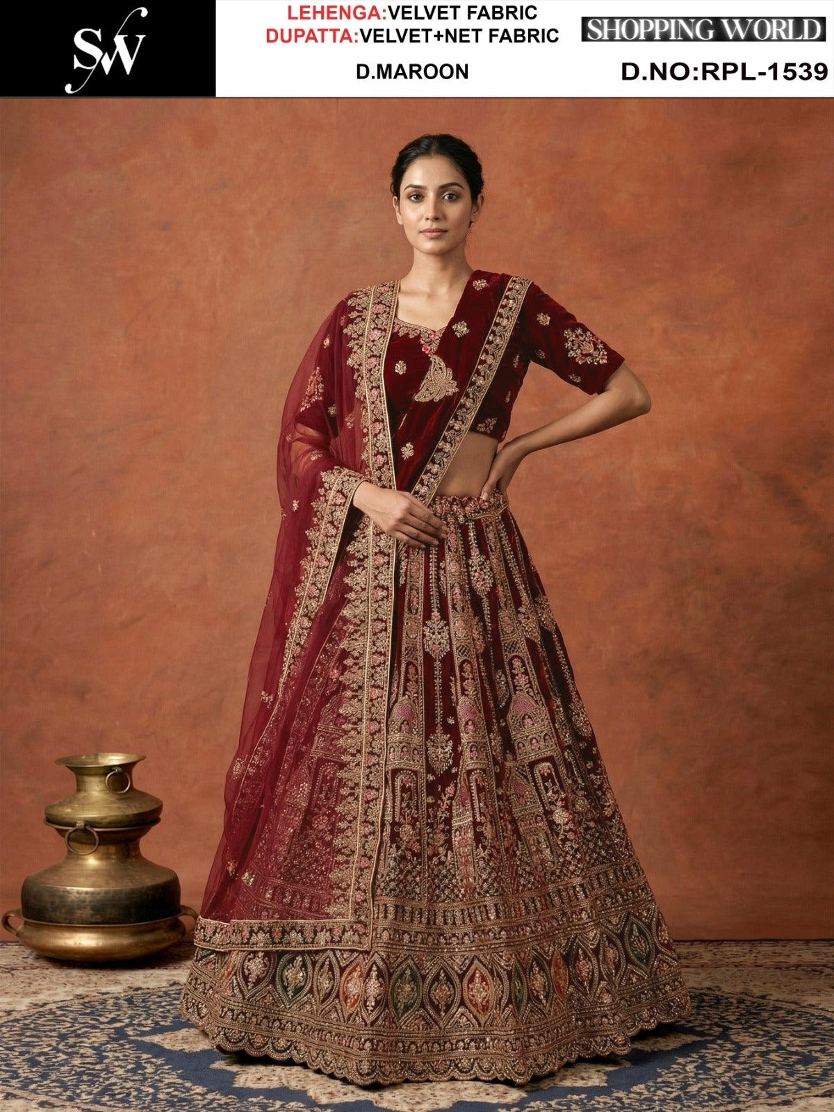 Dark Maroon Velvet Bridal Lehenga
