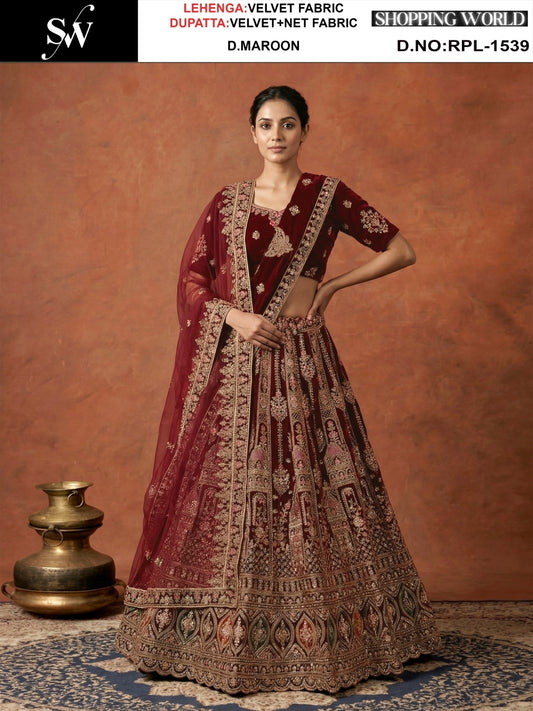 Dark Maroon Velvet Bridal Lehenga