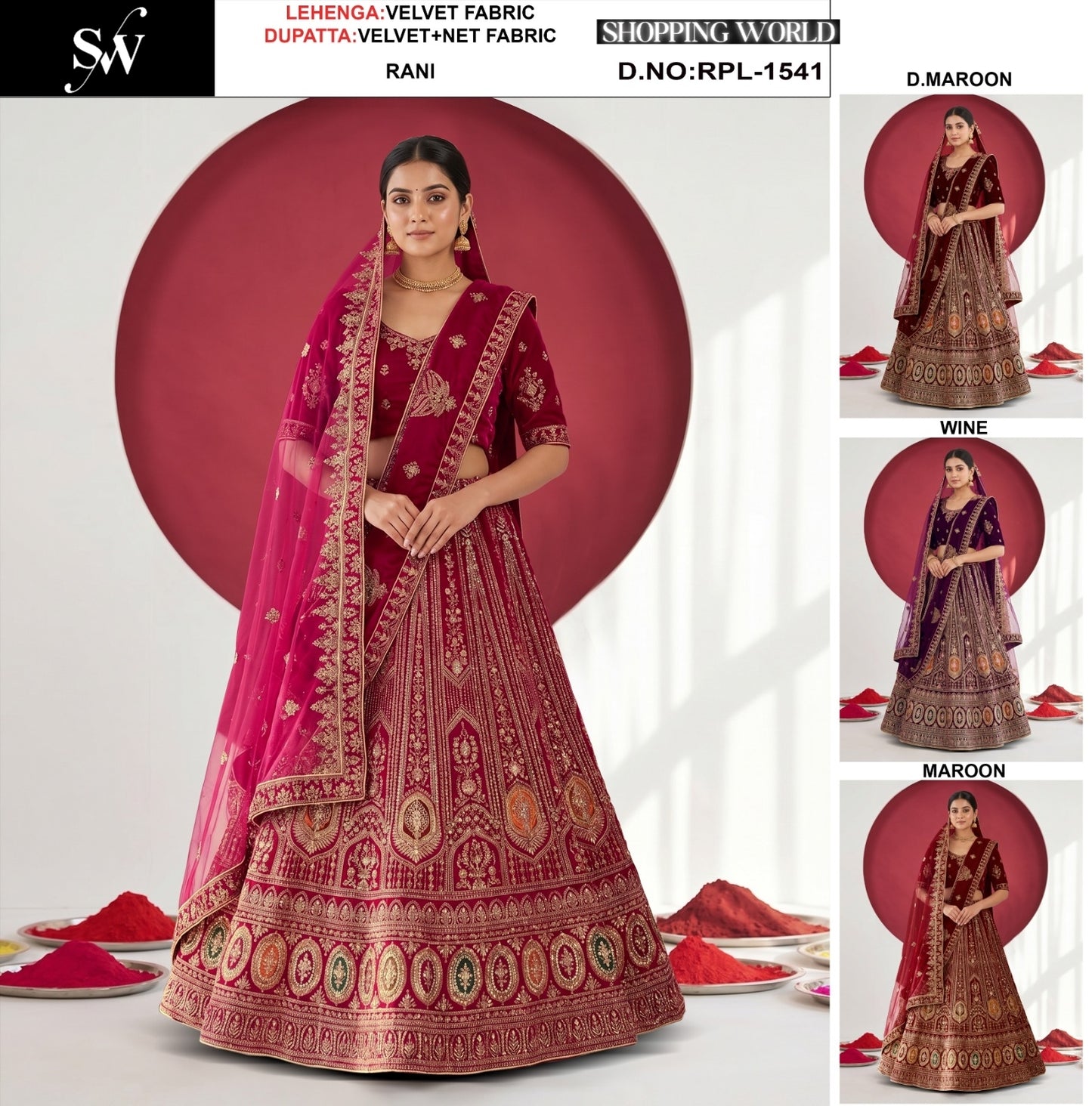 Rani Pink Dark Maroon Wine Maroon Velvet Bridal Lehenga