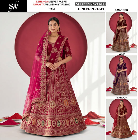 Rani Pink Dark Maroon Wine Maroon Velvet Bridal Lehenga