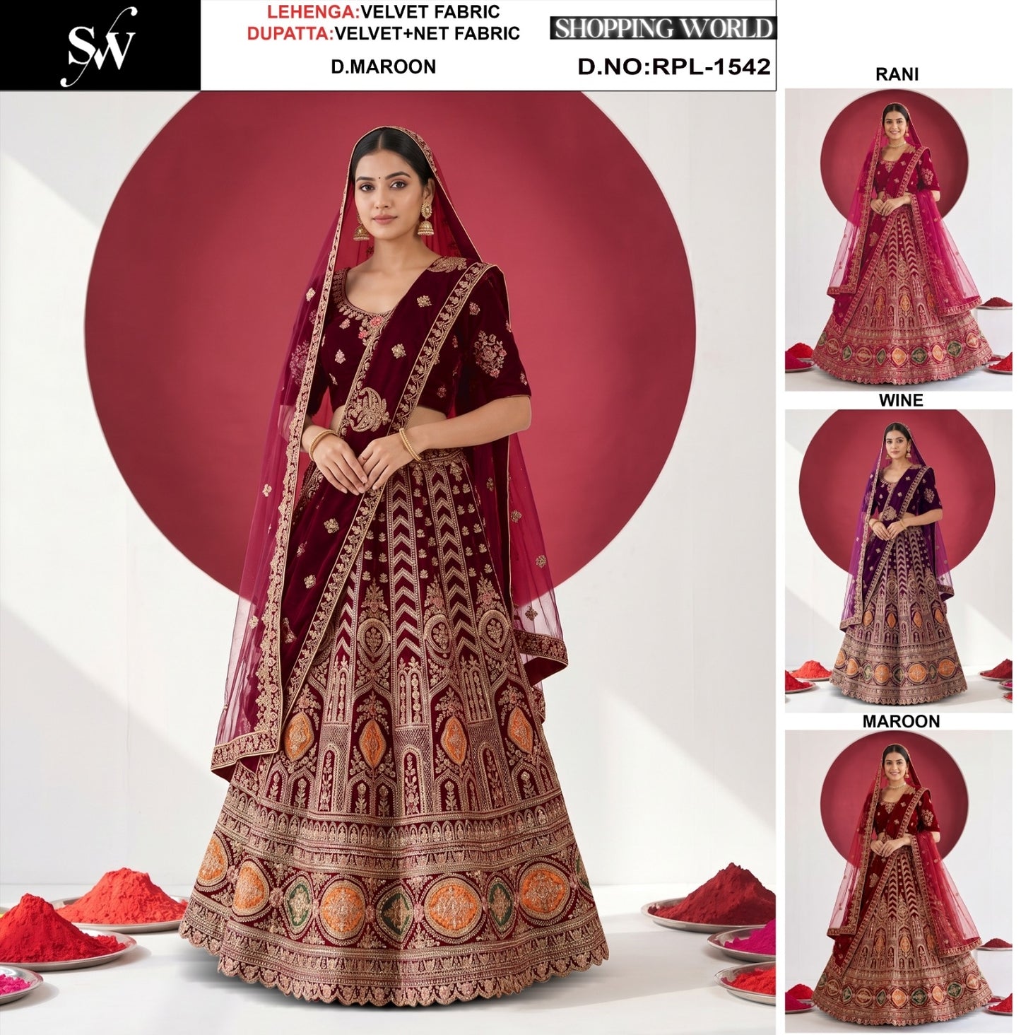 Dark Maroon Wine Maroon Rani Pink Velvet Bridal Lehenga
