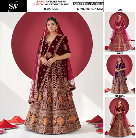 Dark Maroon Wine Maroon Rani Pink Velvet Bridal Lehenga