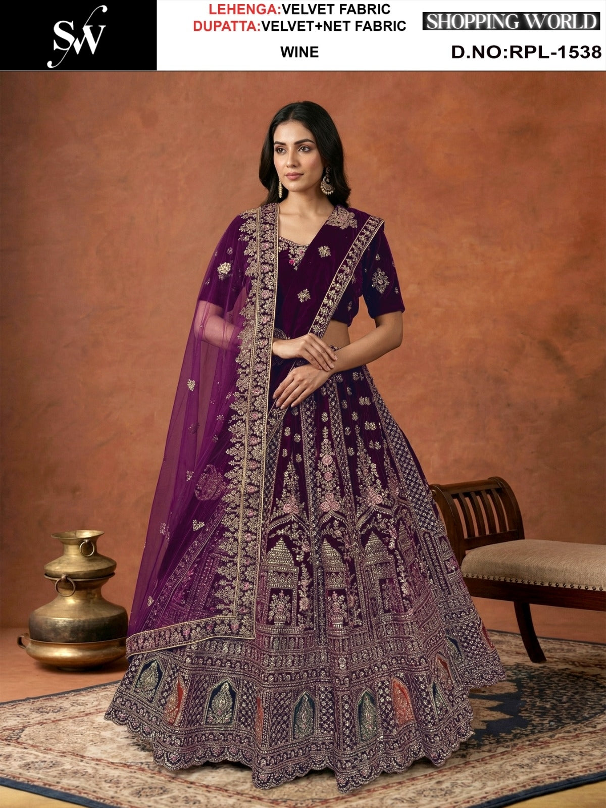 Wine Velvet Bridal Lehenga