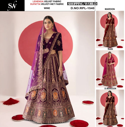 Wine Maroon Rani Pink Dark Maroon Velvet Bridal Lehenga