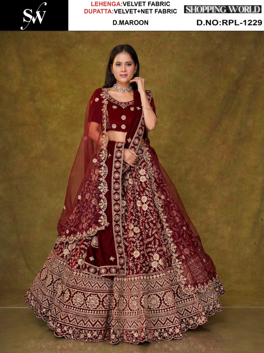 Dark Maroon Velvet Bridal Lehenga