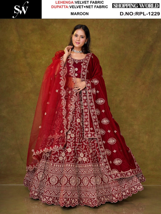 Maroon Velvet Bridal Lehenga
