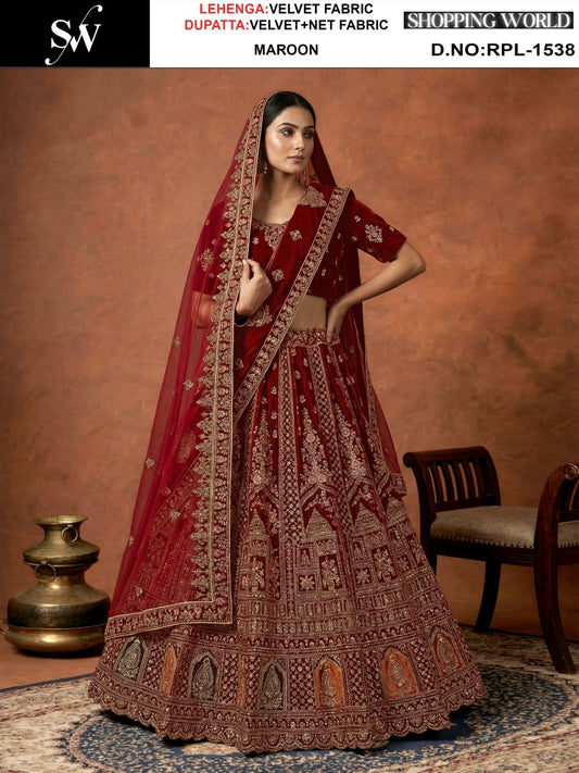Maroon Velvet Bridal Lehenga
