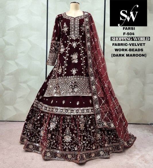 Dark Maroon Tissue peplum long Dress Farshi Gaharara Dress Special
