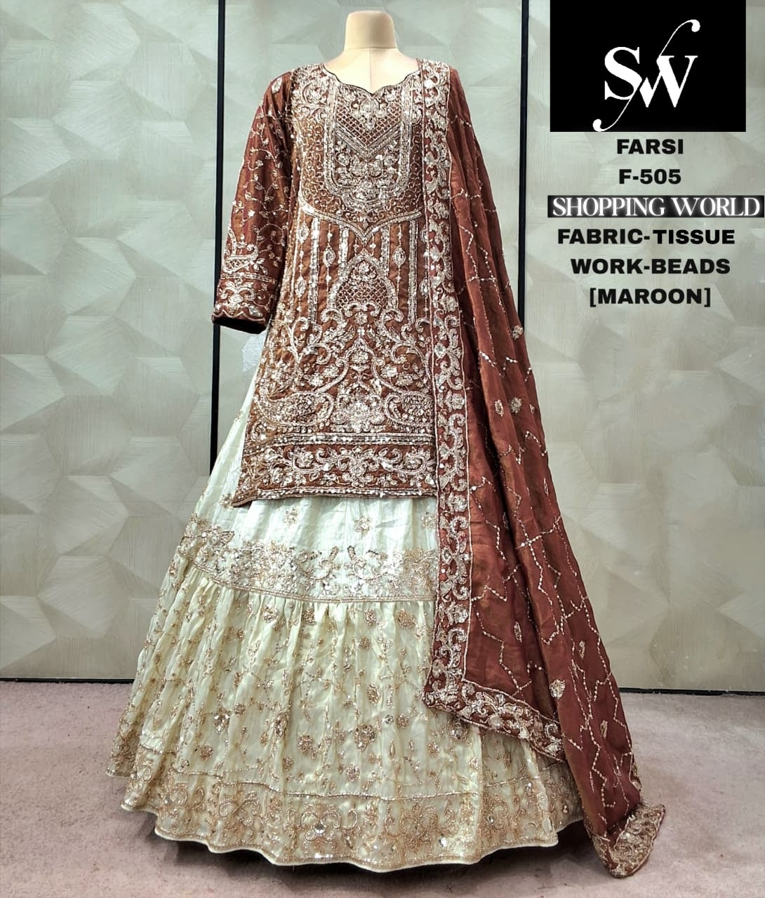 Maroon Tissue peplum long Dress Farshi Gaharara Dress Special