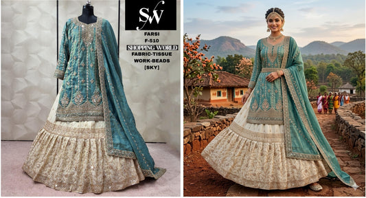 Sky Blue Tissue peplum long Dress Farshi Gaharara Dress Special
