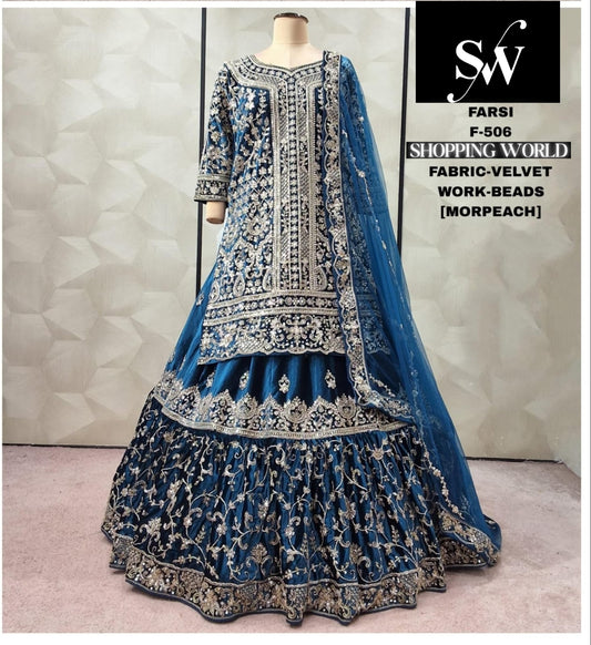Morpich Blue Velvet peplum long Dress Farshi Gaharara Dress Special