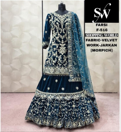 Morpich Blue Velvet peplum long Dress Farshi Gaharara Dress Special