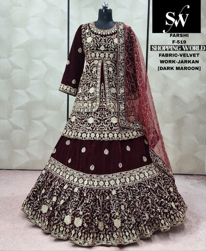 Dark Maroon Velvet peplum long Dress Farshi Gaharara Dress Special