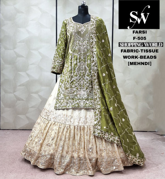 Mehendi Green Tissue peplum long Dress Farshi Gaharara Dress Special