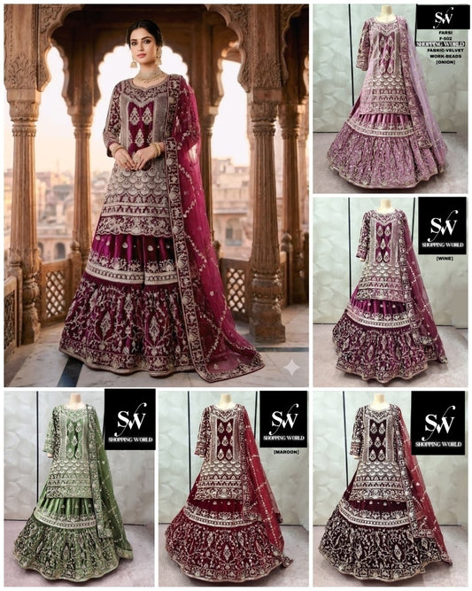 Onion Pink Wine Maroon Green Dark Maroon Velvet peplum long Dress Farshi Gaharara Dress Special