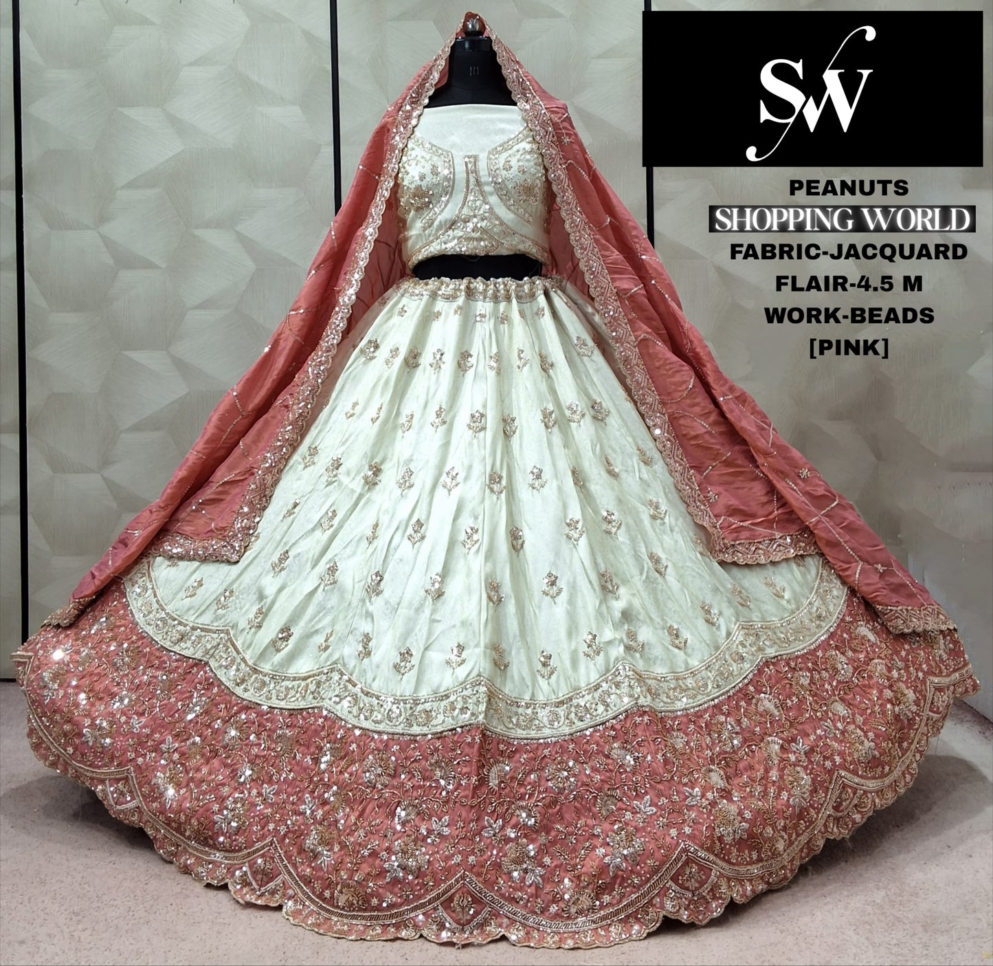 Pista Green White Jacquard lehenga