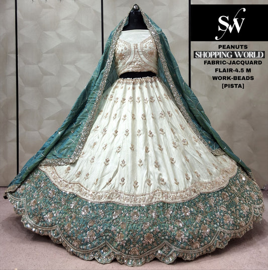 Pista Green White Jacquard lehenga