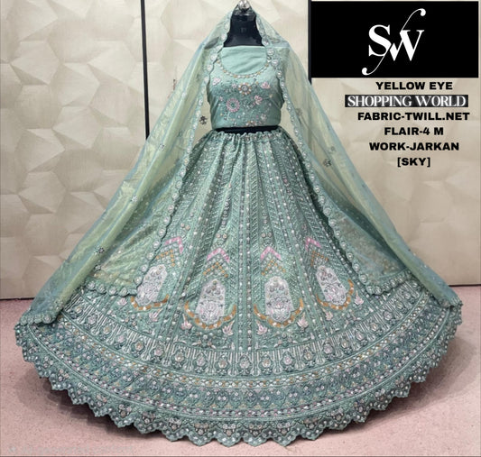 Sky Blue Green Twill Net Lehenga
