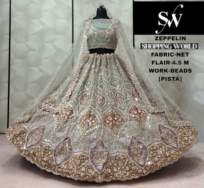 Pista Green Peacock Net Lehenga